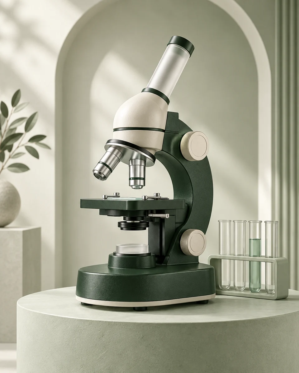 Ilustração de um microscópio e tubos de laboratório em tons de verde